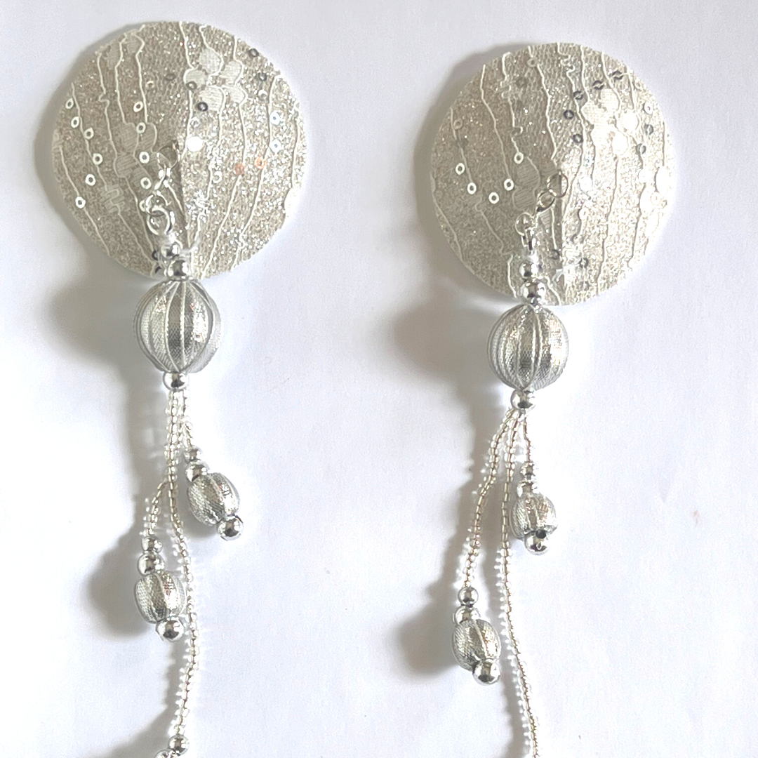 FAIRY FLOSS White Lace, Sequin and Silver Nipple Cover (2pcs) w Intricate Silver Beaded Tassels for Bridal Lingerie Carnival Burlesque Rave