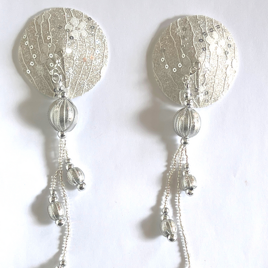 FAIRY FLOSS White Lace, Sequin and Silver Nipple Cover (2pcs) w Intricate Silver Beaded Tassels for Bridal Lingerie Carnival Burlesque Rave