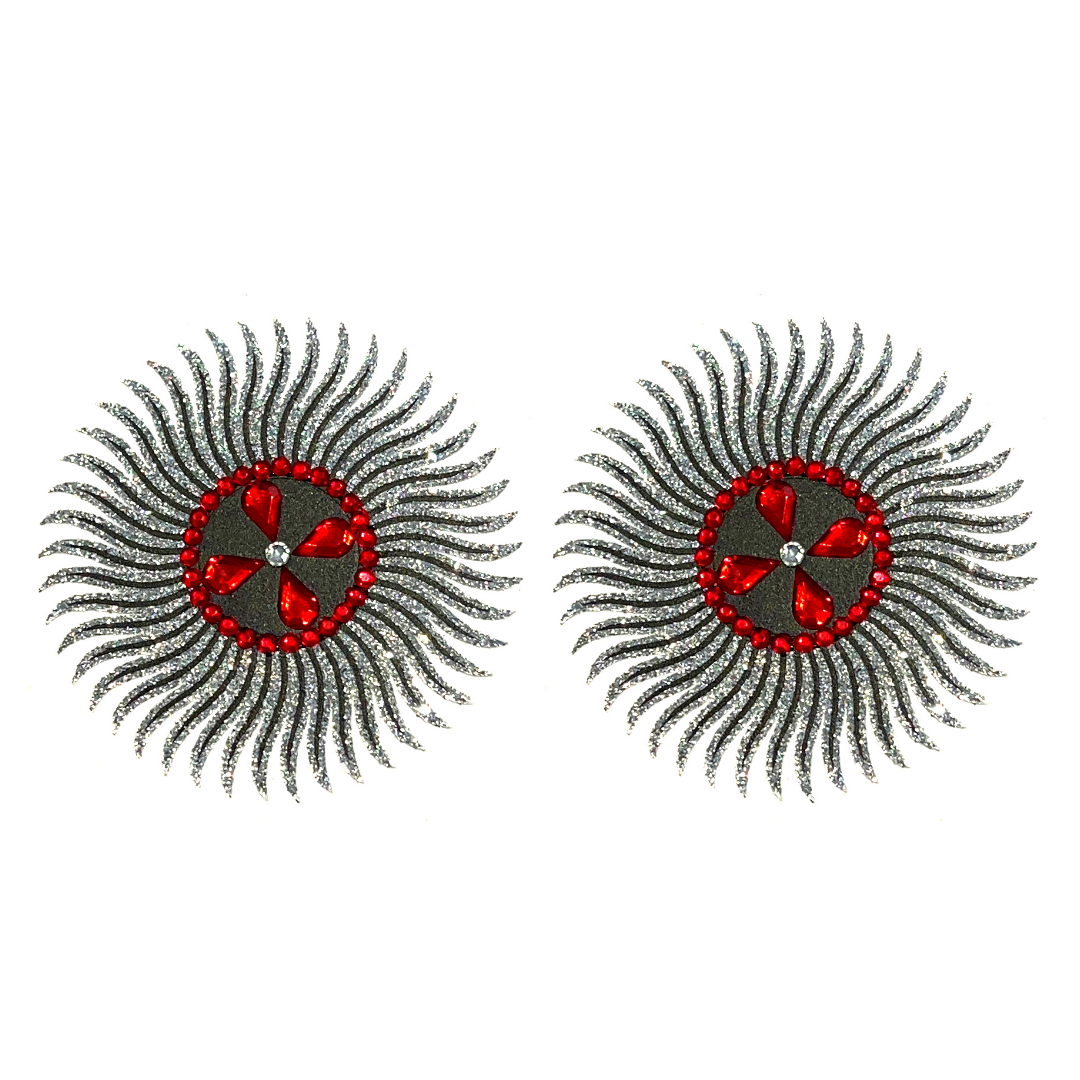 CASINO ROYALE Starburst Argent, Noir et Rouge Nipple Pasty, Couvre (2pcs) pour Festivals, Carnival Raves Burlesque Lingerie