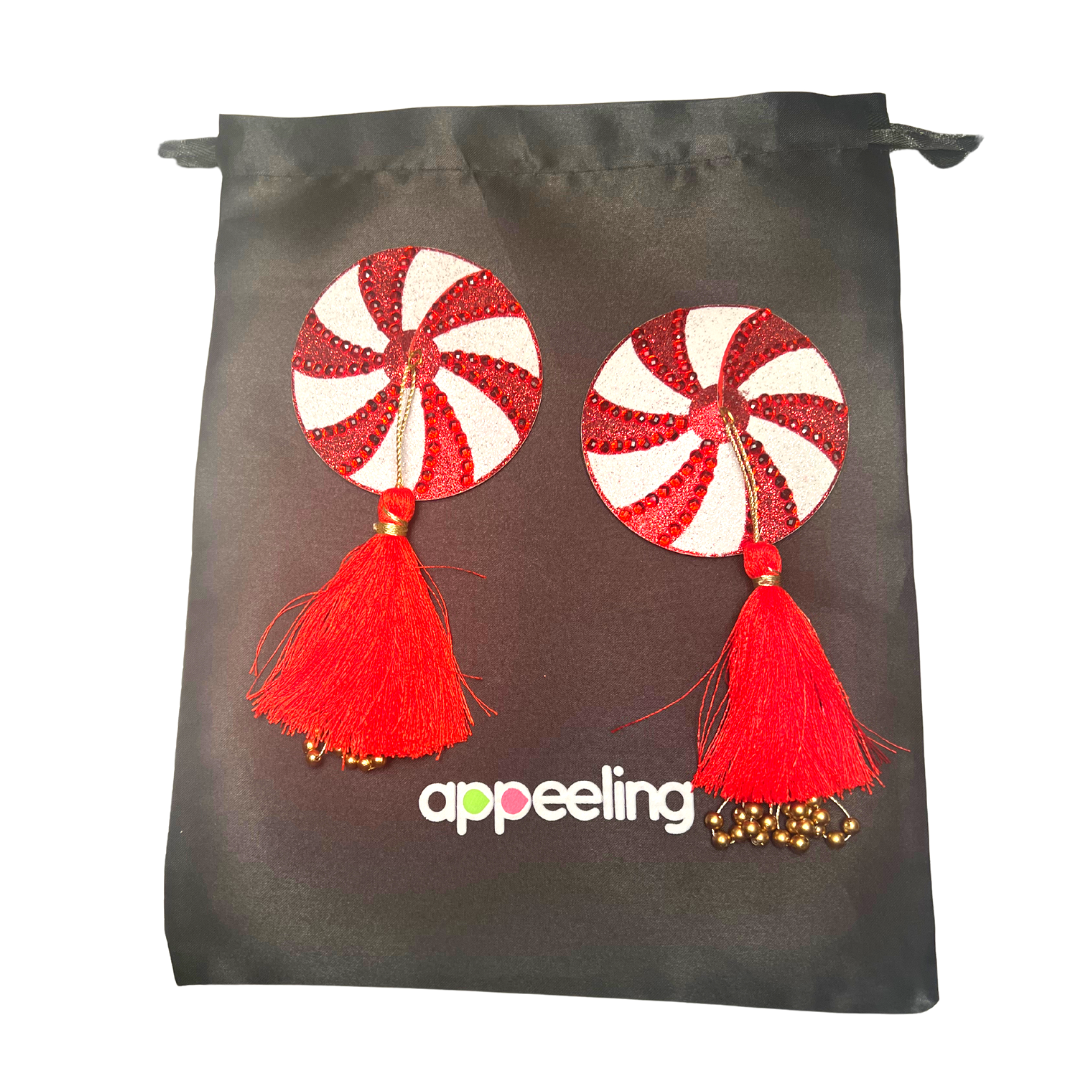 KANDI KANE Pasties de pezón de caramelo navideño rojo y blanco, cubiertas con borlas con cuentas a mano (2 piezas) para raves y festivales de lencería burlesca Raves