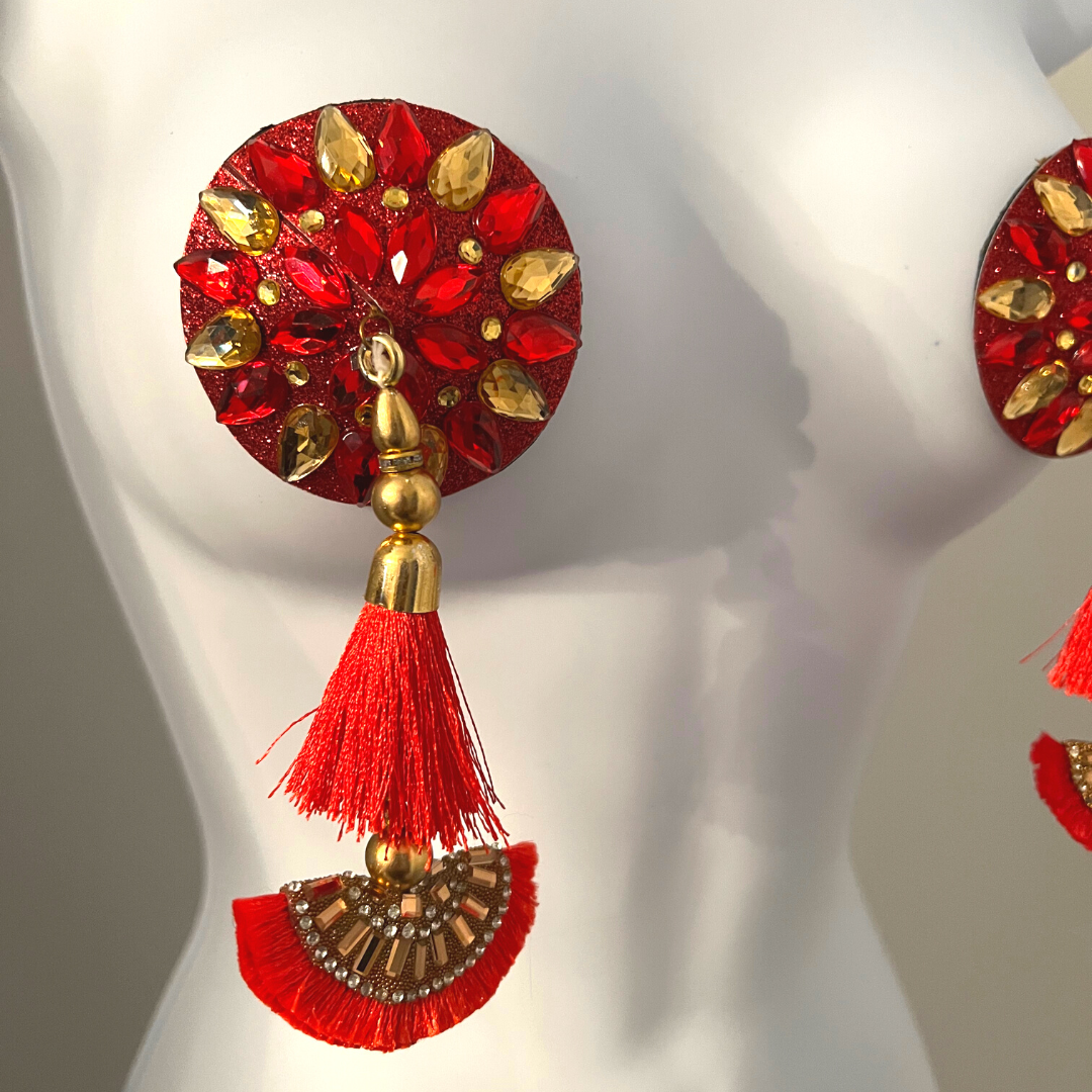 LUNA ROSA Red & Gold Intricate Nipple Pasties Covers with Stunning Tassels (2pcs) for Burlesque Raves Lingerie Raves and Festivals