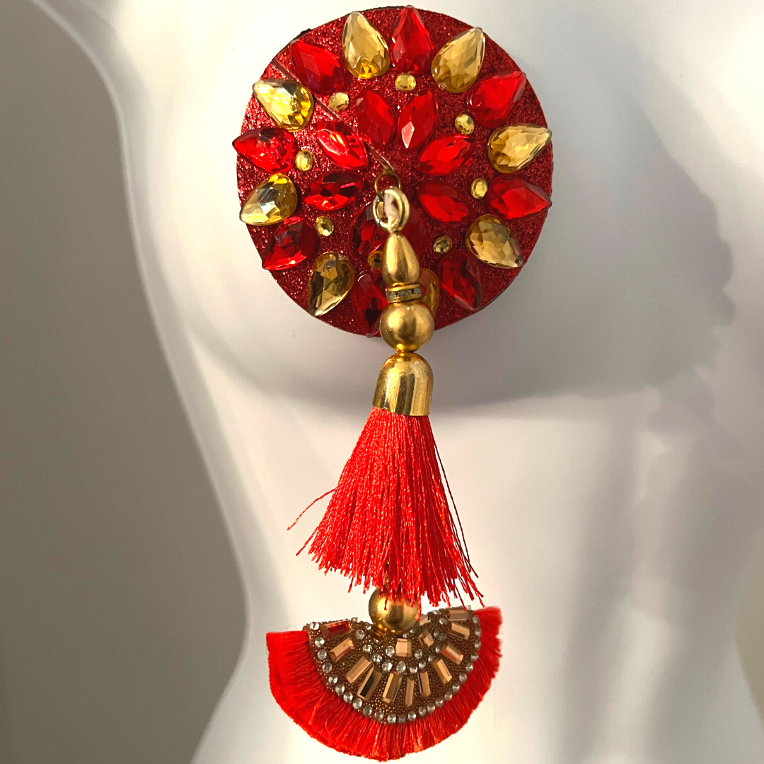 LUNA ROSA Red & Gold Intricate Nipple Pasties Covers with Stunning Tassels (2pcs) for Burlesque Raves Lingerie Raves and Festivals