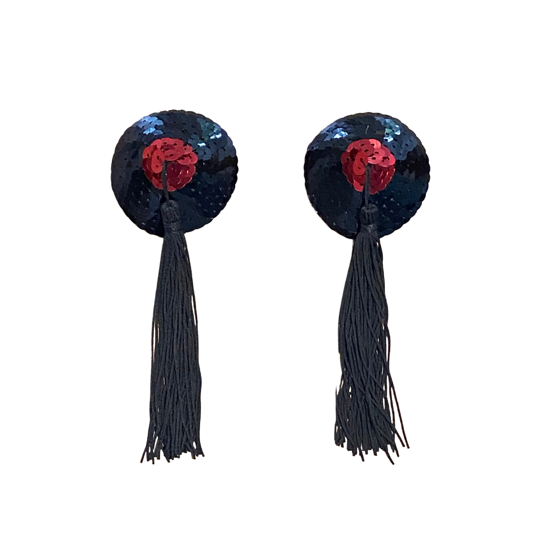 Bullseye Betty Black &amp; Red Sequin Pasties, Couvre-tétons avec glands pour lingerie, Burlesque, Festivals