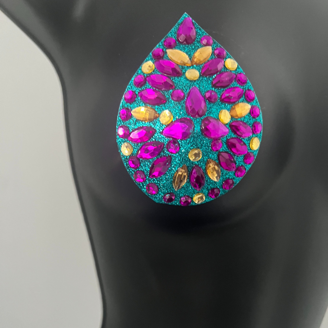 THE EMPIRE Aqua Glitter and Purple, Yellow & Iridescent Teardrop Nipple Pasty, Cover for Lingerie Festivals Carnival Burlesque Rave