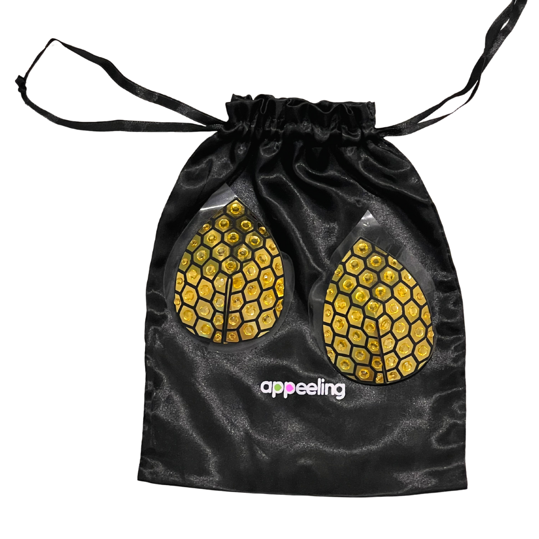 HONEYCOMB Gold Foil &amp; Crystal Nipple Pasties, Cubiertas para festivales, Carnival Raves Burlesque Lingerie