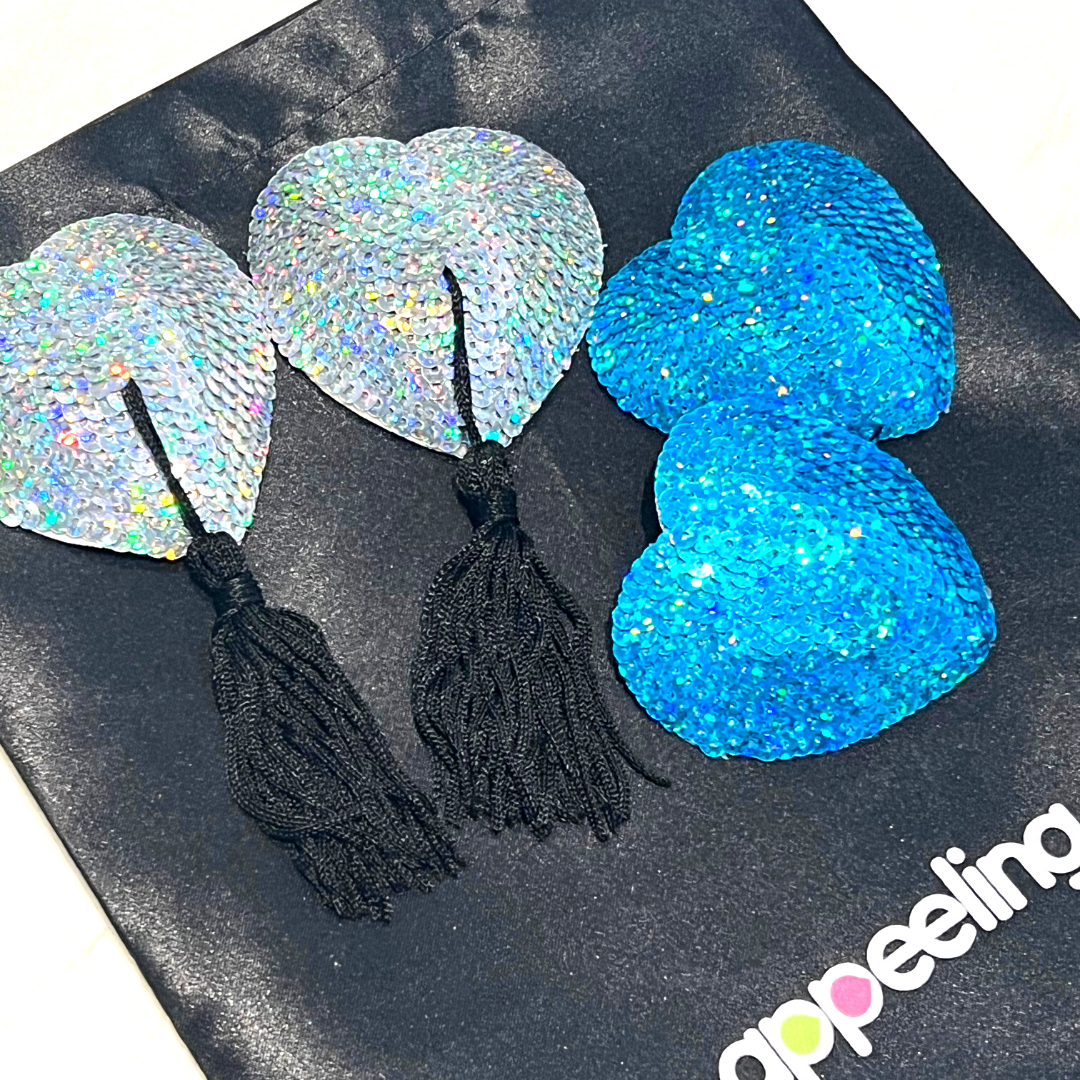 BLUE ICE 2 pares de pezones con forma de corazón de lentejuelas reutilizables, cubre borlas (4 piezas) para lencería y festivales Burlesque Raves - OFERTA