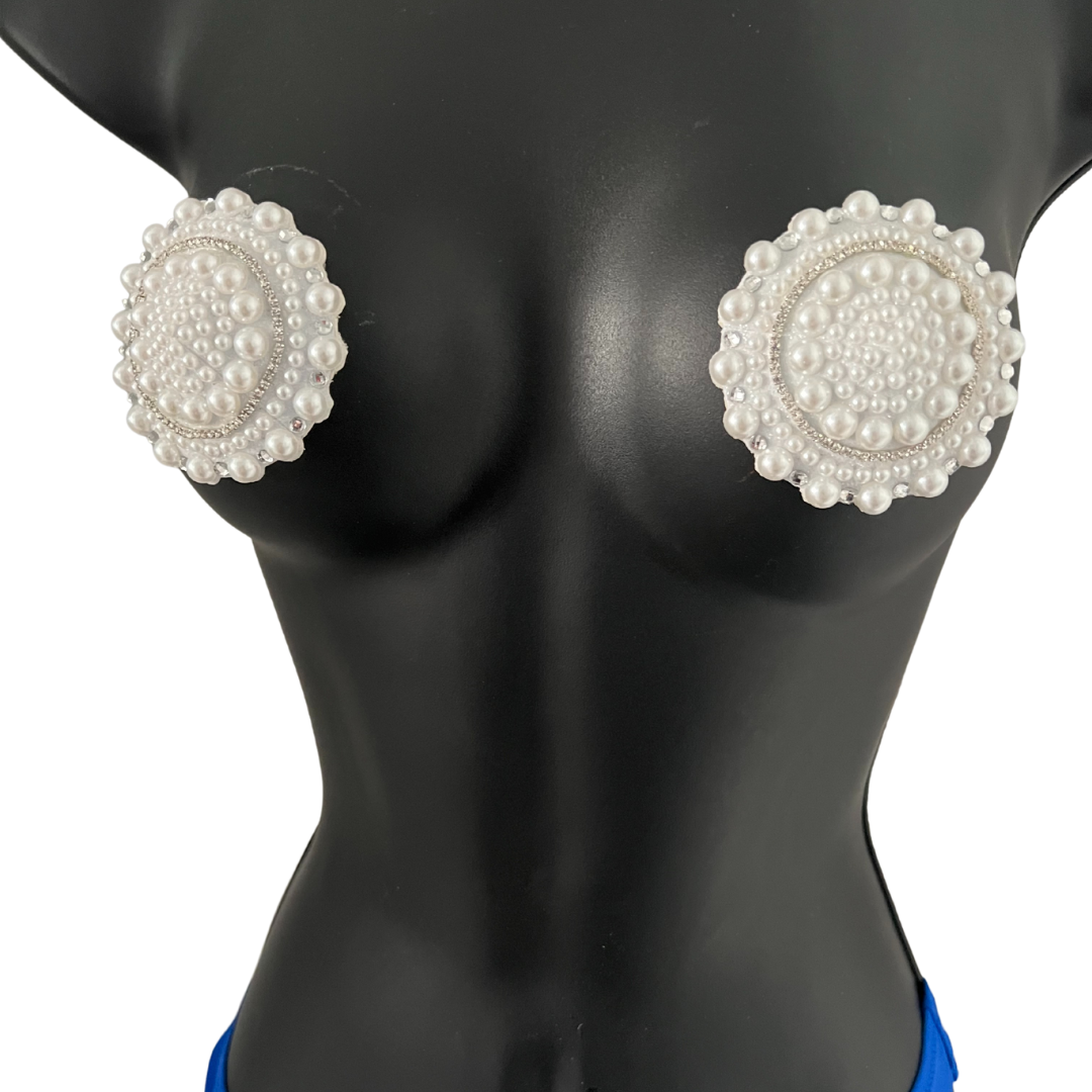 The QUEEN - Pearl and Rhinestone Nipple Pasty, Covers (2pcs) for Burlesque Lingerie Raves and Festivals
