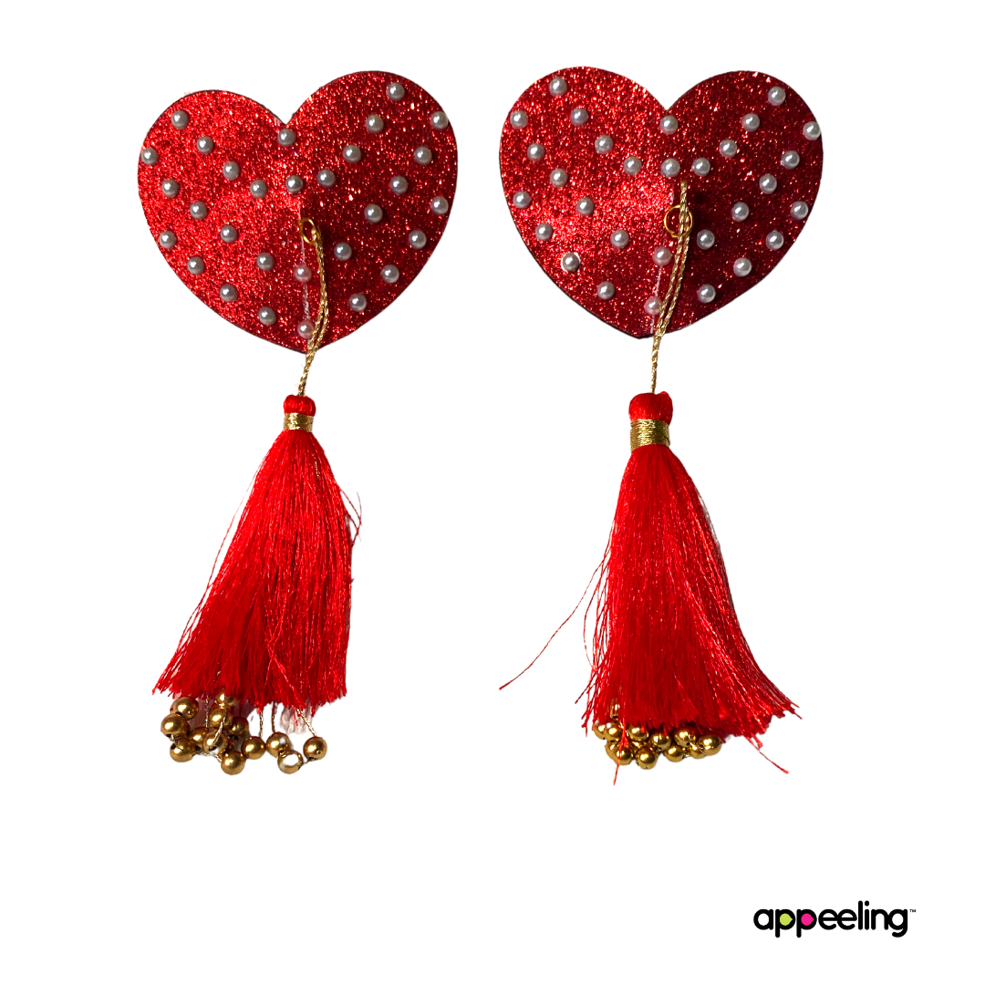 Fanny Valentine Glitter Hearts and Pearl Pasties avec glands (2 pcs) pour lingerie, festivals burlesques