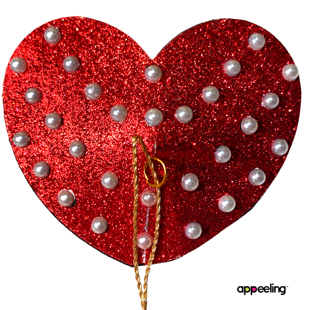 Fanny Valentine Glitter Hearts and Pearl Pasties avec glands (2 pcs) pour lingerie, festivals burlesques