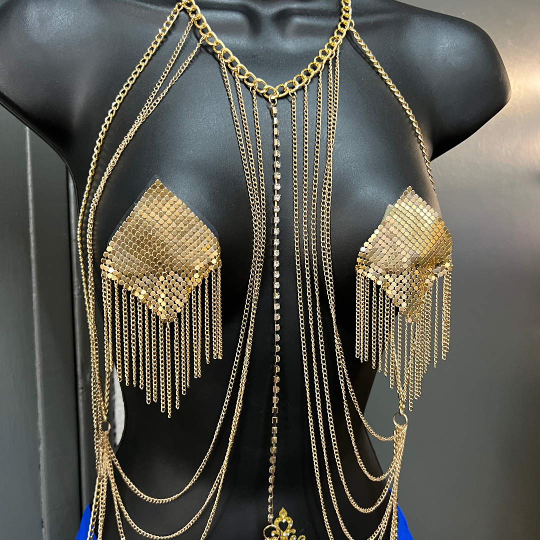 TEMPTRESS Gold & Rhinestone Body Chains / Body Jewelry for Lingerie Rave Burlesque Festivals – SALE