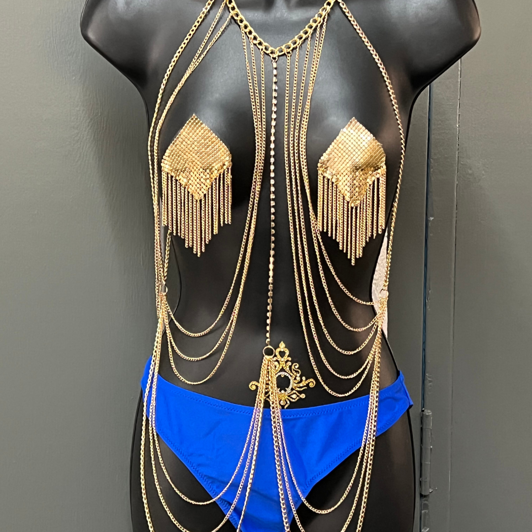TEMPTRESS Gold & Rhinestone Body Chains / Body Jewelry for Lingerie Rave Burlesque Festivals – SALE