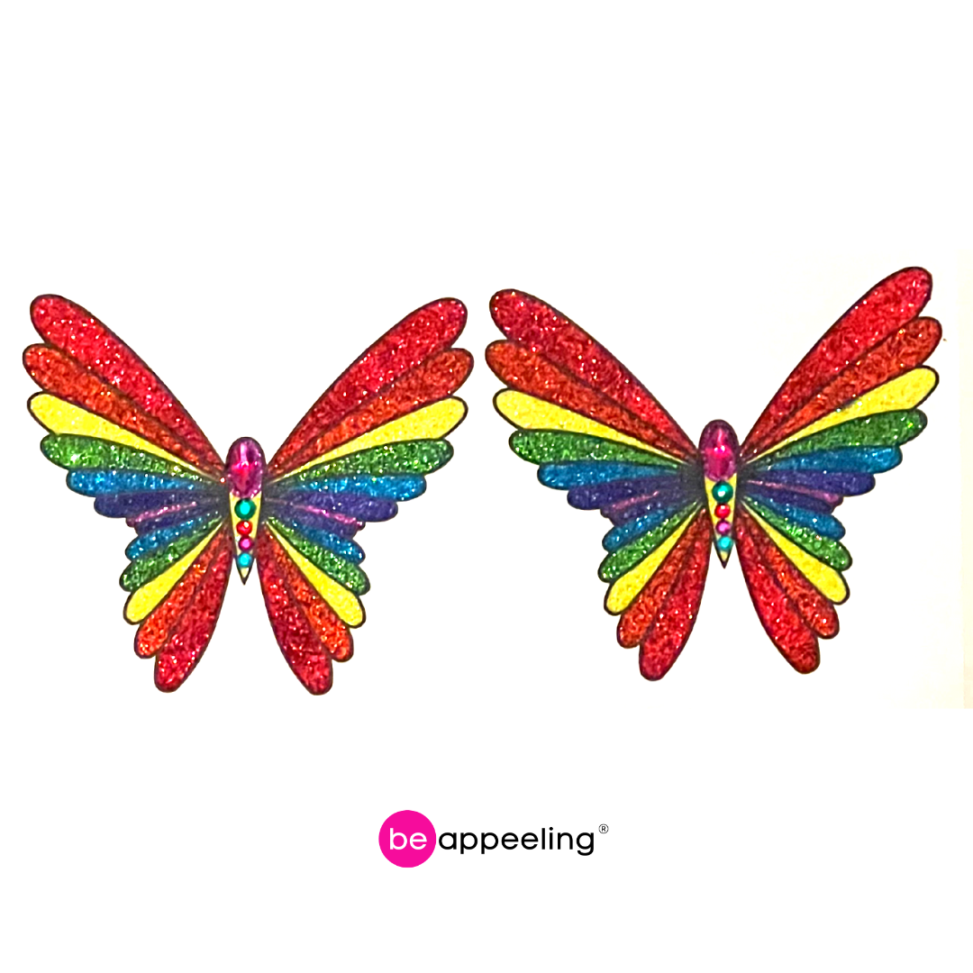 PRIDE BUTTERFLY- Rainbow Glitter y Gem Nipple Pasties, Cubiertas (2pcs) para Festivales Rave Burlesque Lingerie