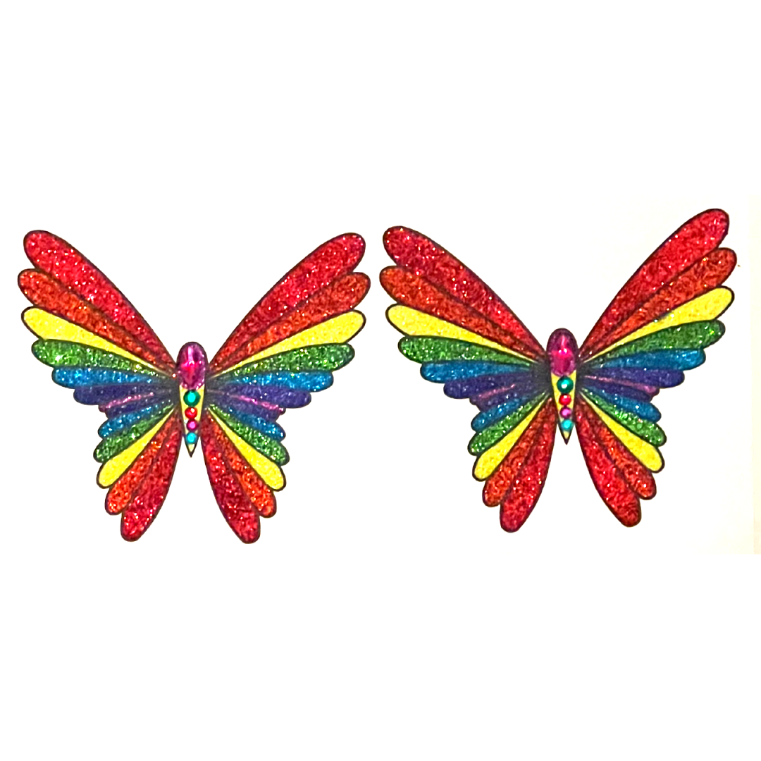 PRIDE BUTTERFLY- Rainbow Glitter and Gem Nipple Pasties, Covers (2pcs) pour les festivals Rave Burlesque Lingerie