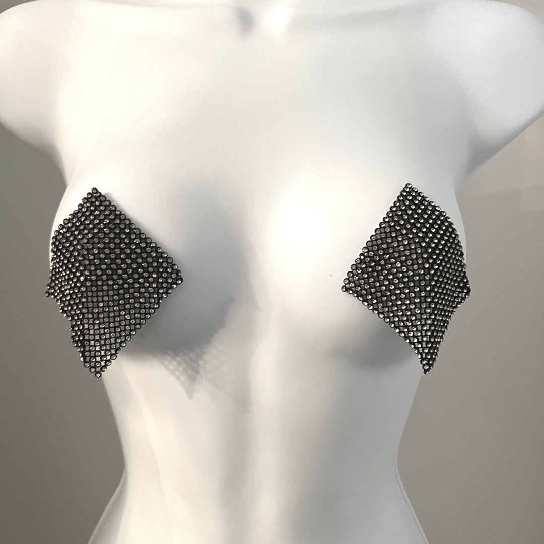 HOT MESH Malla negra y pezón de diamantes de imitación, cubierta para festivales de lencería Carnaval Burlesque Rave