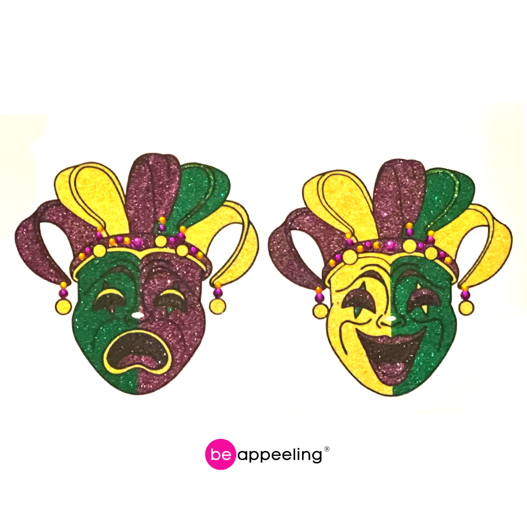 MARDI GRAS- Pasties de pezón con máscara de purpurina y gemas, cubiertas (2 piezas) para festivales Rave Burlesque Lingerie