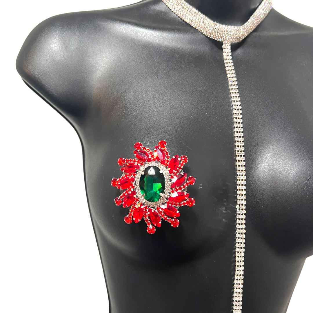 MISTLETOE - Ruby Emerald & Rhinestone Nipple Pasties, Covers (2pcs) for Festivals, Carnival Raves Burlesque Lingerie