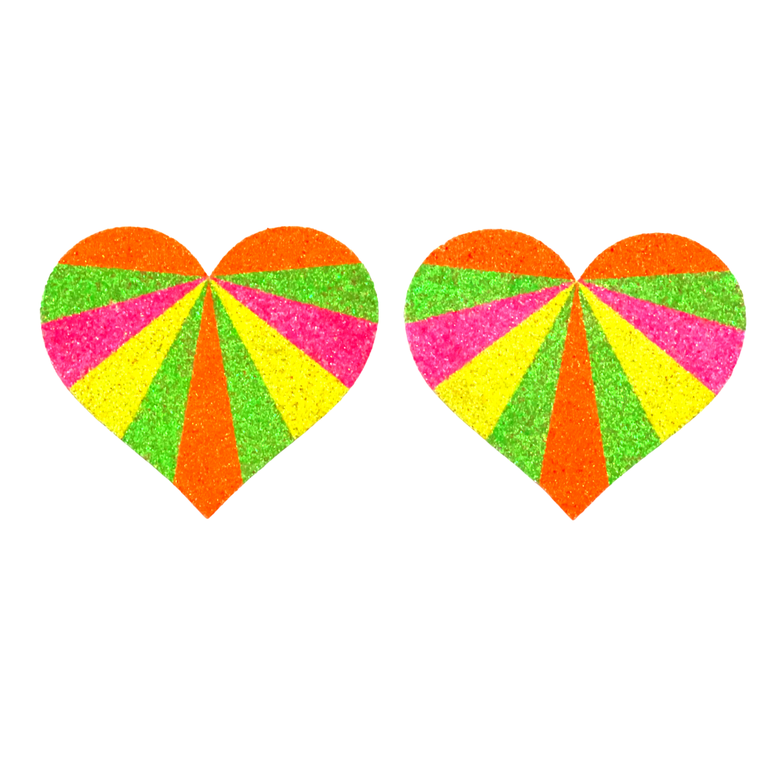 NEON LOVE PAQUETE ¡3 pares por 1 precio! Pasteles de pezón con forma de conejito y corazón con purpurina de neón para raves, festivales, lencería burlesca, orgullo y carnaval – OFERTA