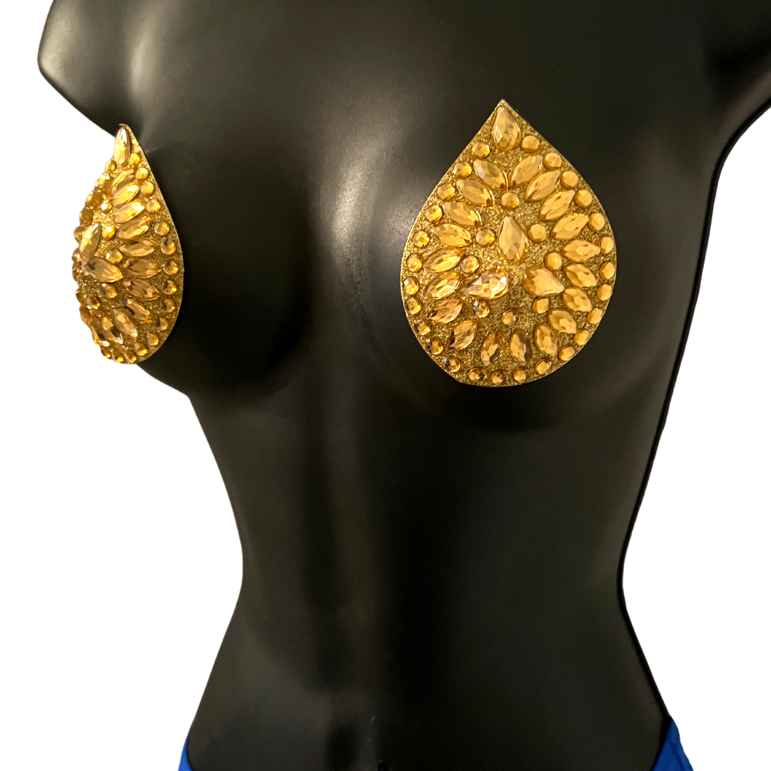 MIDAS Glitter and Gem GOLD Teardrop Nipple Pasty, Cover (2 pcs) for Lingerie Festivals Carnival Burlesque Rave