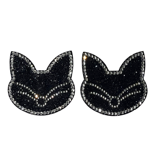 2CATS Black Glitter Cats with Gems Nipple Pasties, Covers (2pcs) for Burlesque Raves Lingerie Raves and Festivals