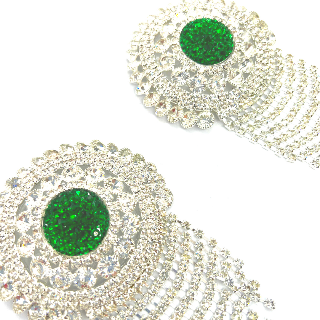 CROWN JEWELS - Strass &amp; Emerald Nipple Pasties, Couvertures pour festivals, Carnival Raves Burlesque Lingerie