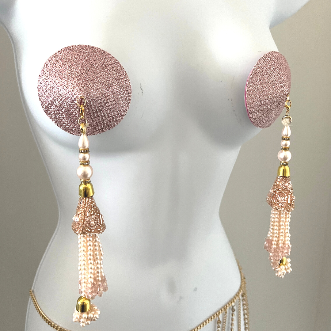 ROSÉ ALL DAY Rose clair Foil &amp; Nipple Pasties, Couvertures avec perles perlées à la main et glands de pierres précieuses (2pcs) Raves et festivals de lingerie burlesque