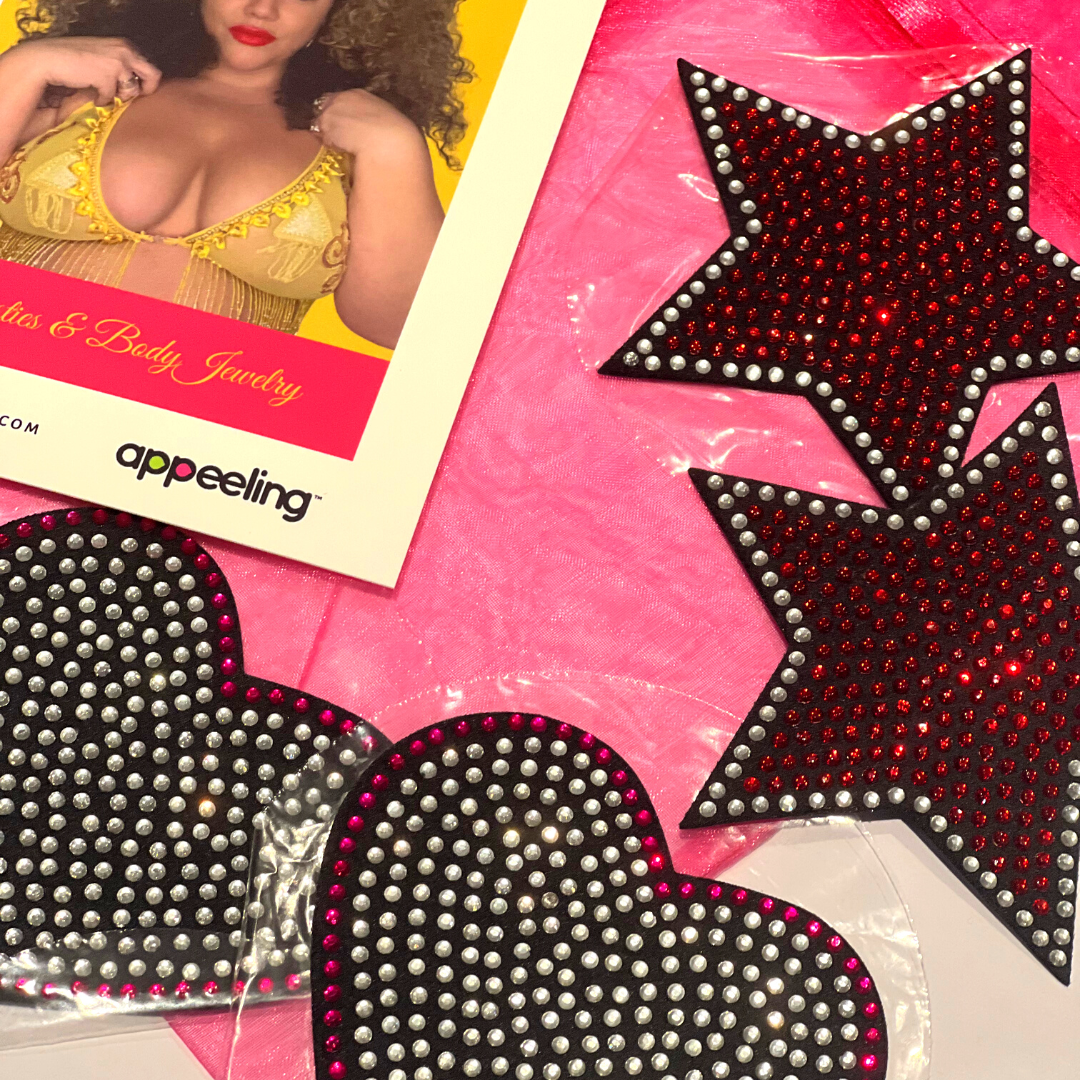 ROCK STAR BUNDLE - 2 pares de empanadas reutilizables para pezones con forma de corazón de cristal, cubiertas (4 piezas) para lencería y festivales Burlesque Raves – VENTA