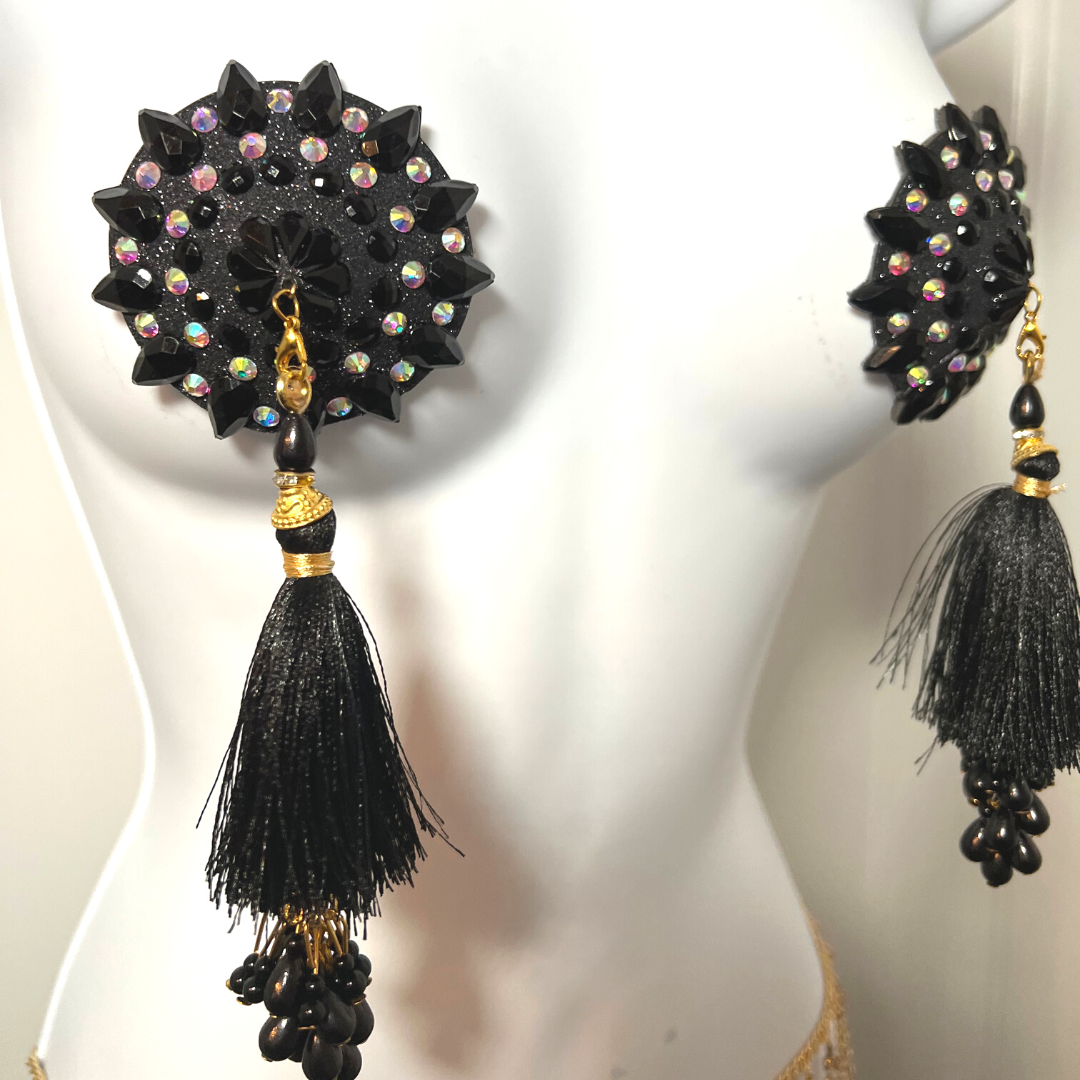 POUSSÉ CAFÉ Pâte à tétons noir et cristal, cache-tétons (2 pièces) avec pompons en perles pour festivals de lingerie, carnaval, rave burlesque