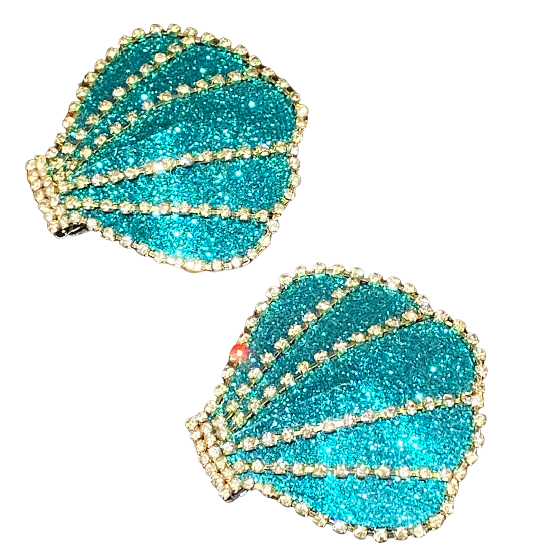 AQUA VITA Aqua Shell Glitter &amp; Rhinestone Pezón Pasties, Cubiertas para Lencería Burlesque Festivales Raves