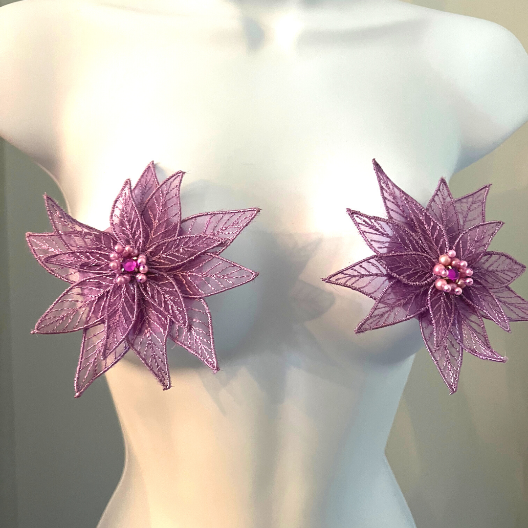 LOVELACE Fleur en Dentelle Violette avec Cristaux et Perles Nipple Pasty, Couverture pour Festivals de Lingerie Carnaval Burlesque Rave