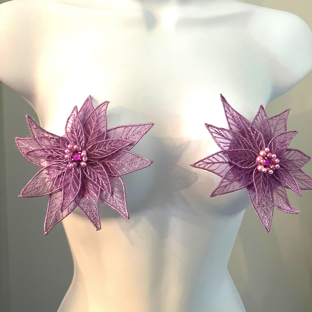 LOVELACE Purple Lace Flower with Crystals and Pearls Nipple Pasty, Cover for Lingerie Festivals Carnival Burlesque Rave