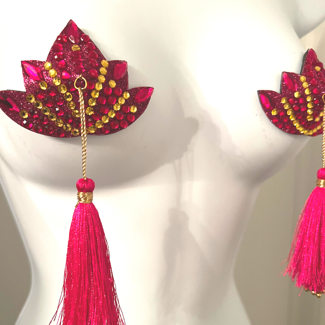 THE PINK LOTUS Pink Lotus Flower Nipple Pasty, Nipple Cover (2pcs) with Pink and Gold Beaded Tassels for Lingerie Carnival Burlesque Rave