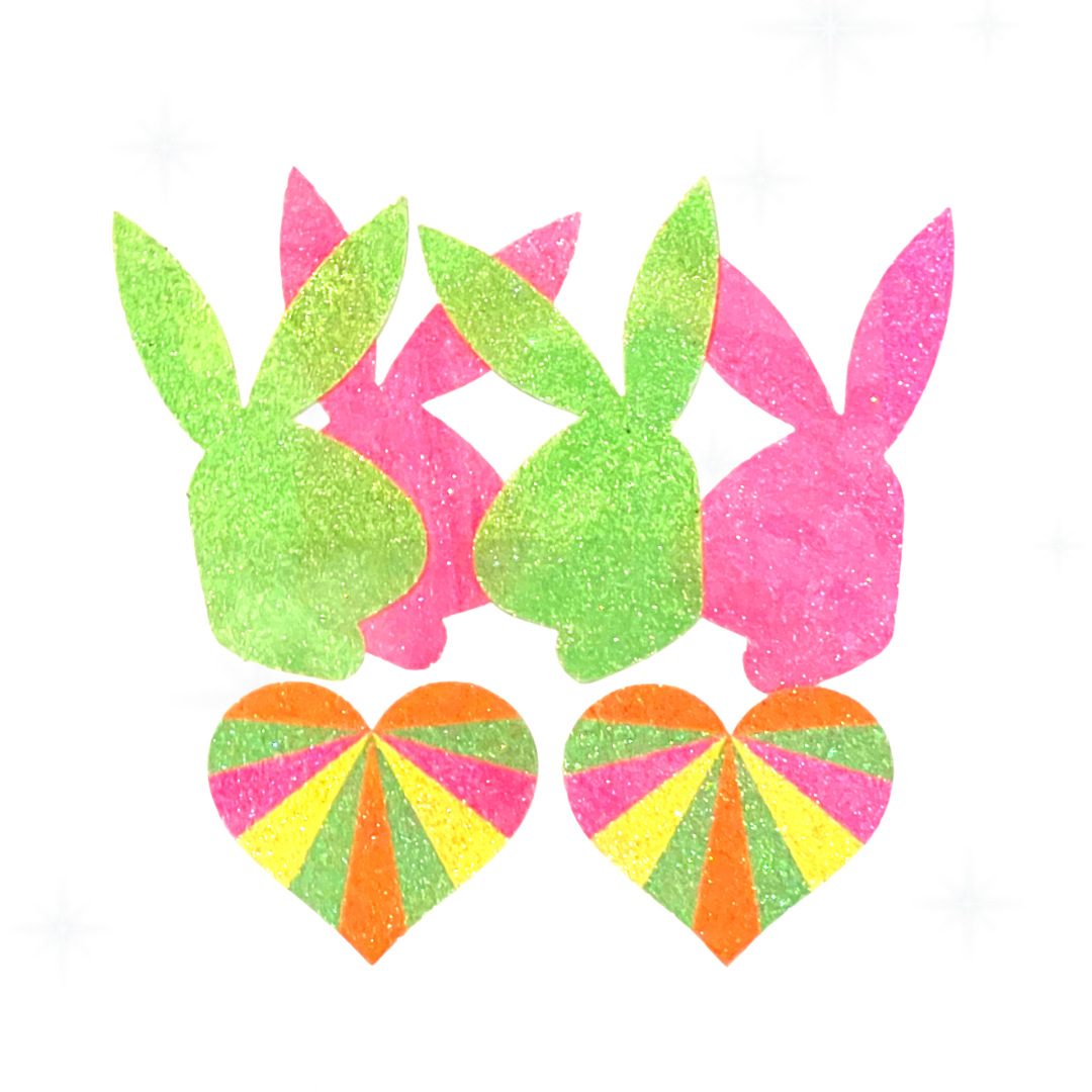 NEON LOVE BUNDLE 3 pairs for 1 price! Neon Glitter Bunny and Heart Nipple Pasties for Raves, Festivals Burlesque Lingerie Pride and Carnival – SALE