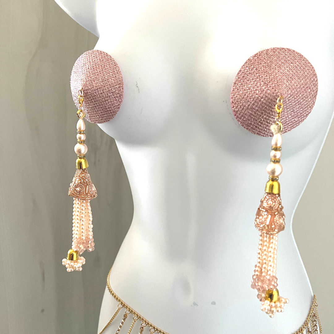 ROSÉ ALL DAY Rose clair Foil &amp; Nipple Pasties, Couvertures avec perles perlées à la main et glands de pierres précieuses (2pcs) Raves et festivals de lingerie burlesque