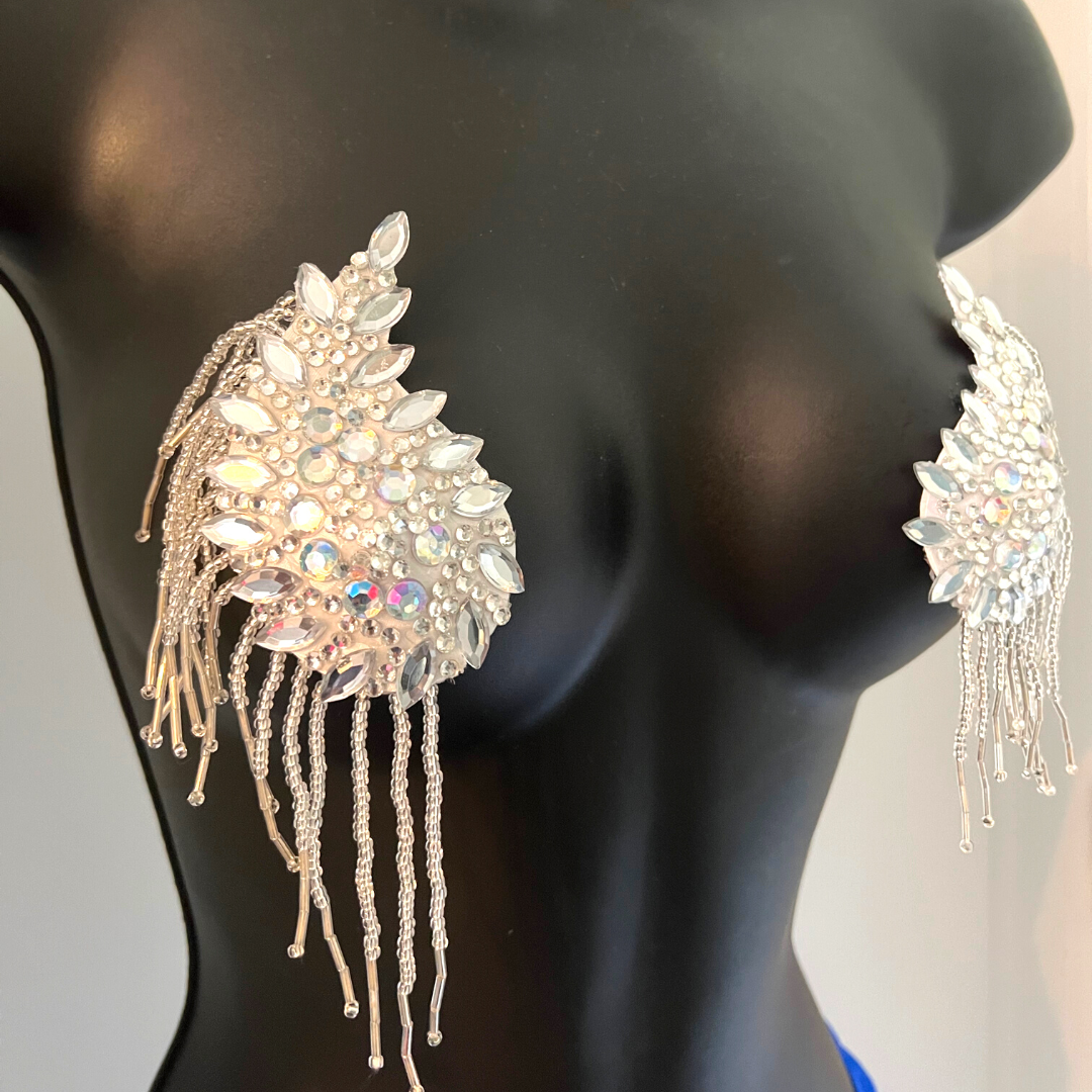 PRINCESA GUERRERA Teardrop Crystal Pasty, cubierta de pezón con borla con cuentas (2 piezas) para festivales de lencería Carnaval Burlesque Rave