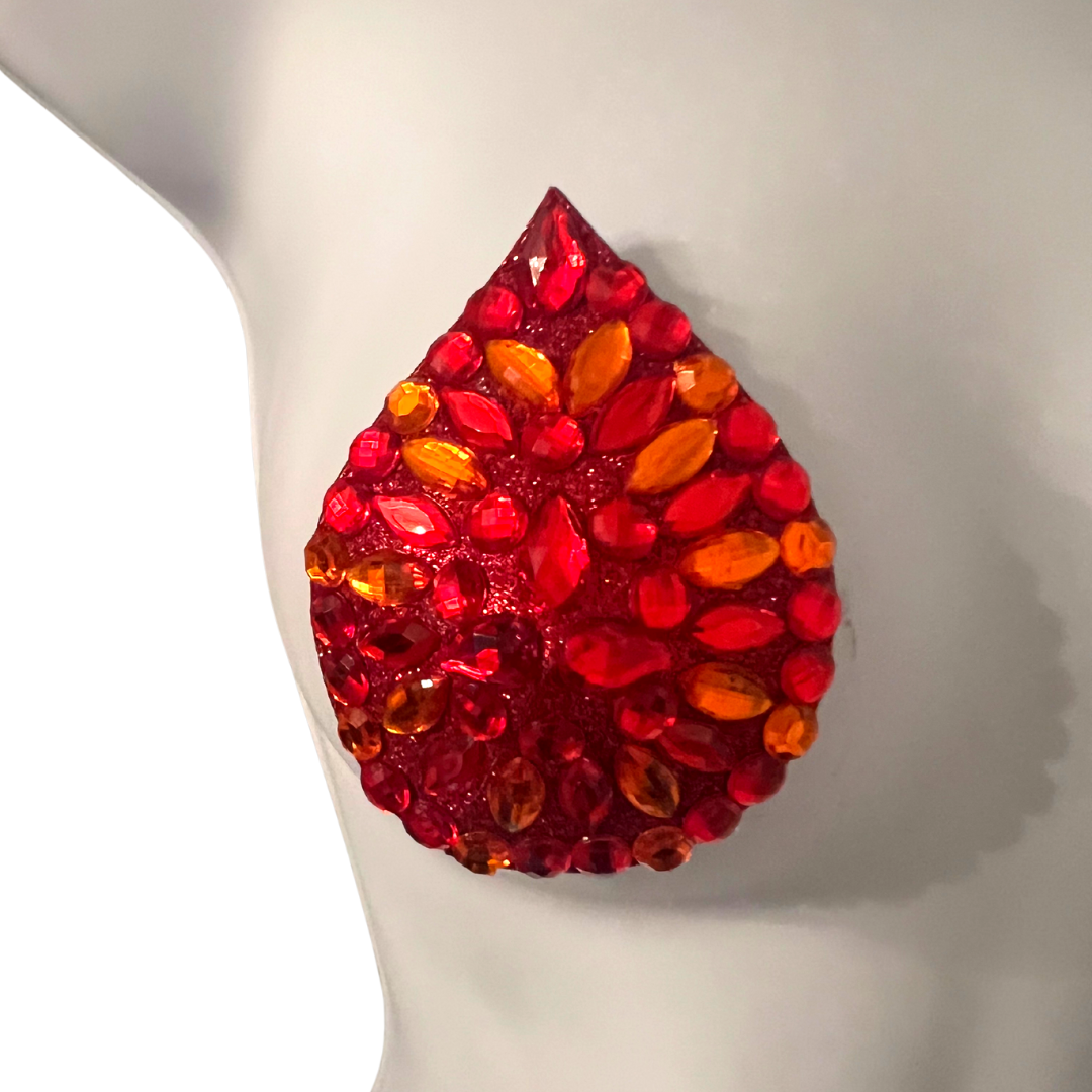 HOT SAUCE Red Glitter and Gem Teardrop Nipple Pasty, Covers (2pcs) for Burlesque Lingerie Raves Carnival and Festivals