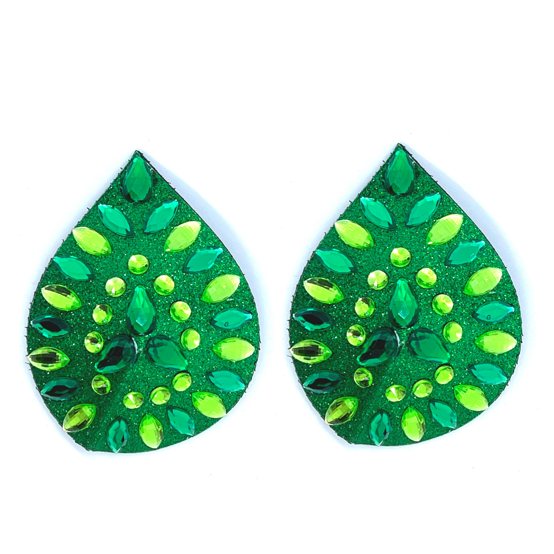 GREEN GODDESS Glitter and Gem Green Teardrop Pasties (2 piezas), cubierta de pezón para festivales de lencería Carnaval Burlesque Rave