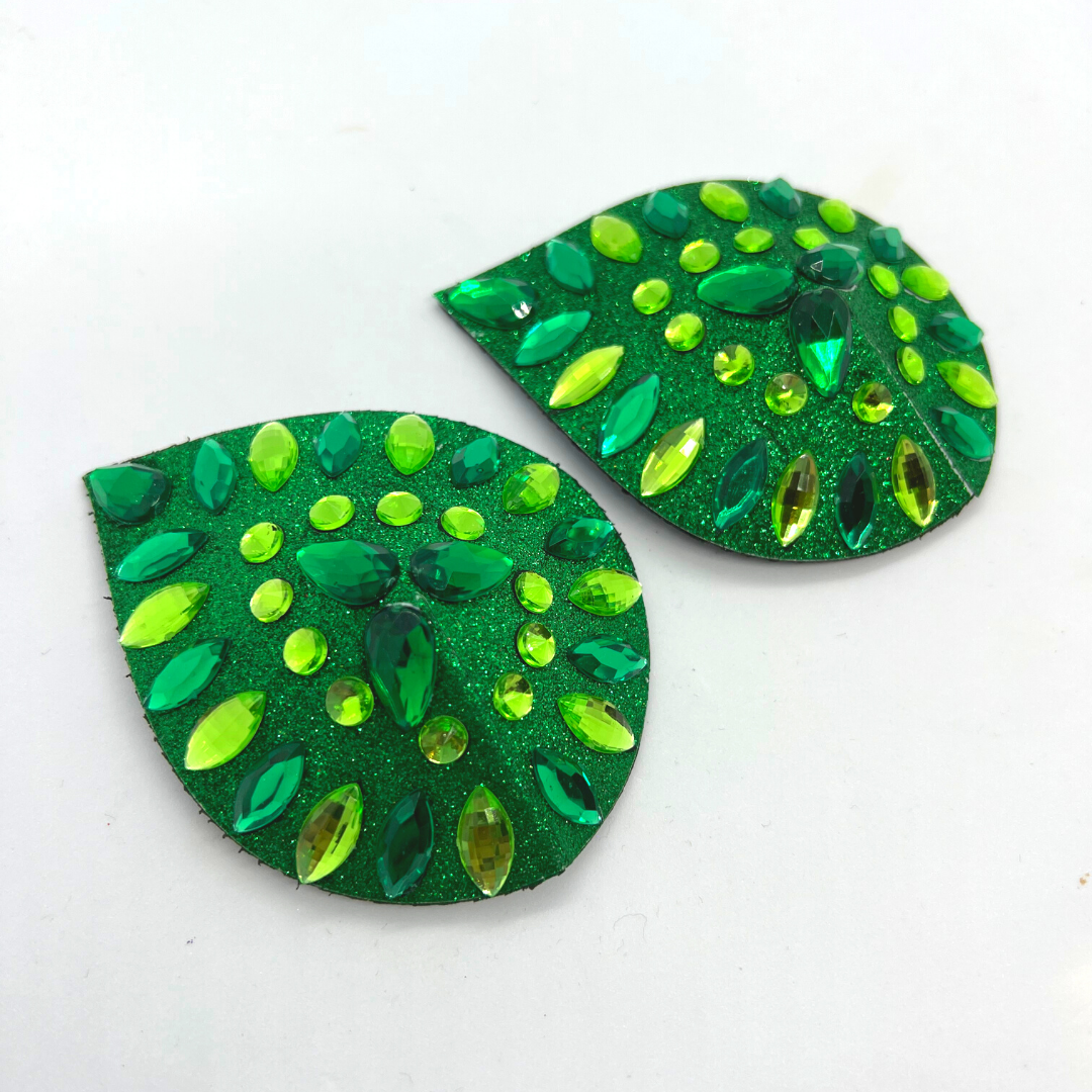 GREEN GODDESS Glitter and Gem Green Teardrop Pasties (2pcs) , Nipple Cover for Lingerie Festivals Carnival Burlesque Rave