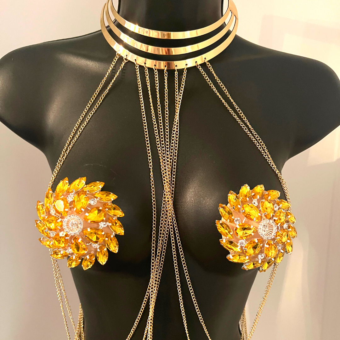 VENUS LA DOLL - Cache-tétons en forme florale avec pierres précieuses jaunes et strass (2 pièces), couvertures pour festivals, carnaval Raves Burlesque Lingerie