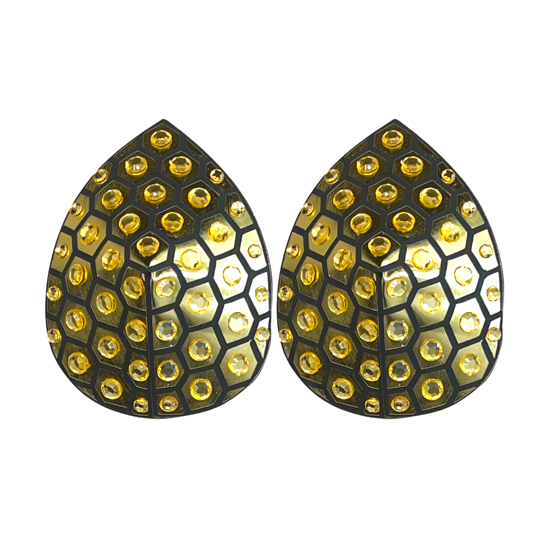 HONEYCOMB Gold Foil &amp; Crystal Nipple Pasties, Cubiertas para festivales, Carnival Raves Burlesque Lingerie