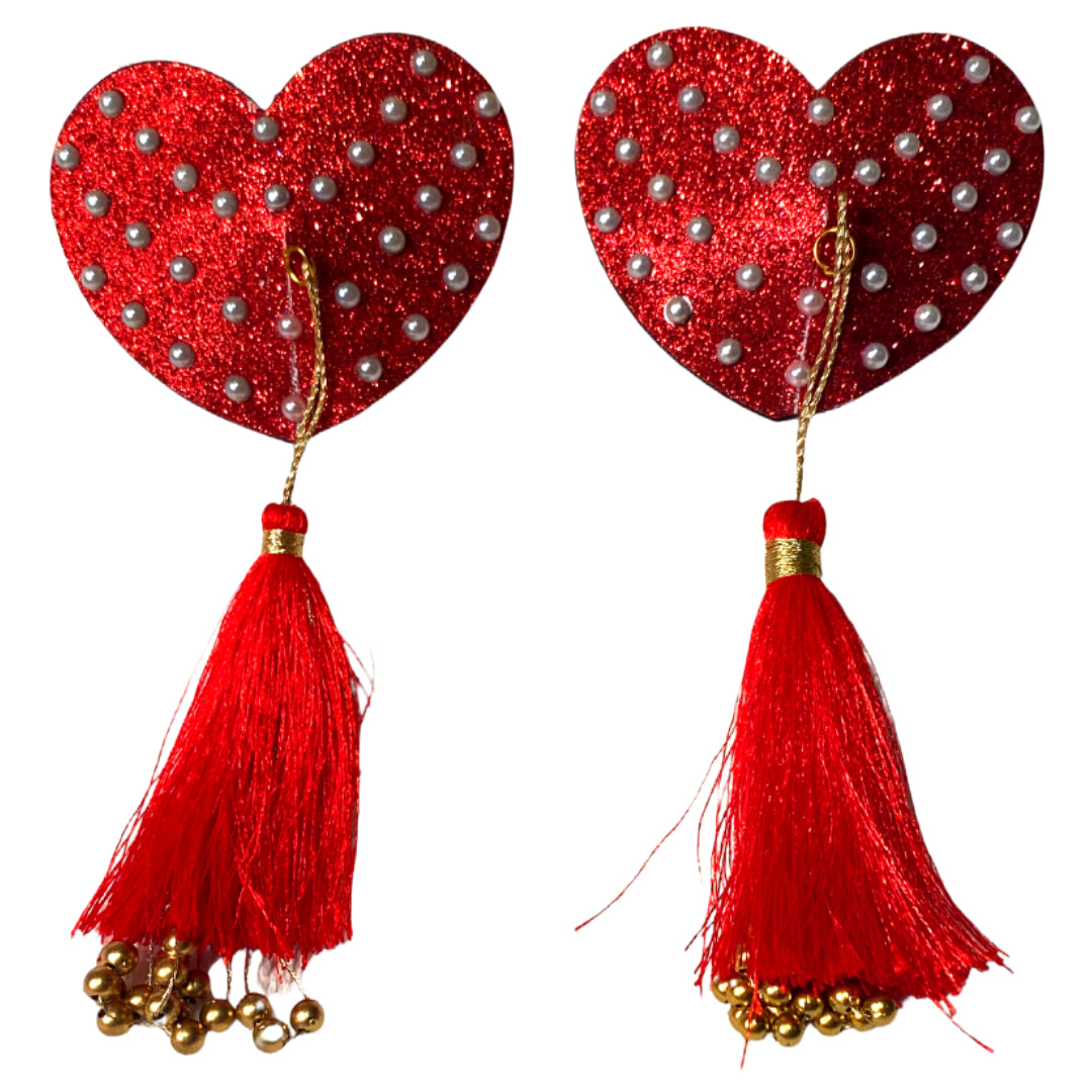 Fanny Valentine Glitter Hearts and Pearl Pasties avec glands (2 pcs) pour lingerie, festivals burlesques