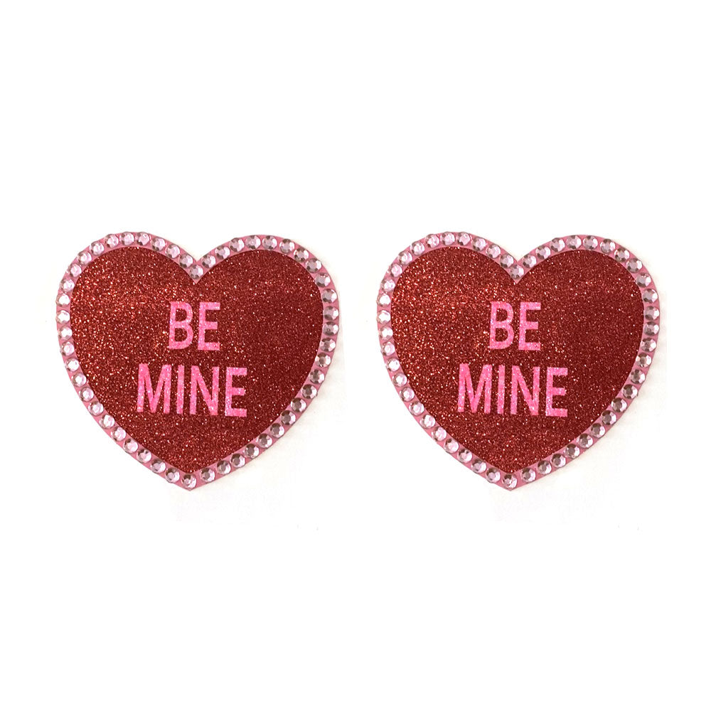 BE MINE - Cubiertas para pezones con corazones y cristales brillantes, empanadas para festivales de San Valentín de lencería burlesca